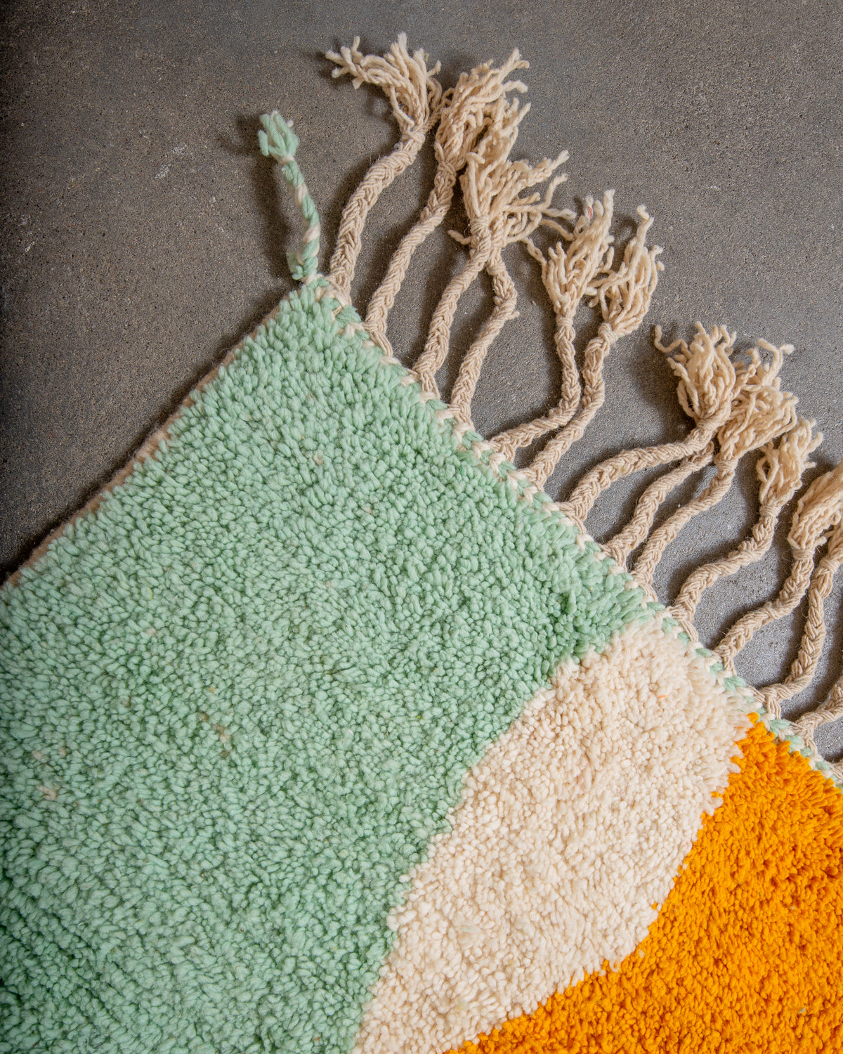 Modern, designer, handcrafted Berber rug from Morocco. Beniourain carpet with beautiful colours and patterns and fluffy wool texture.